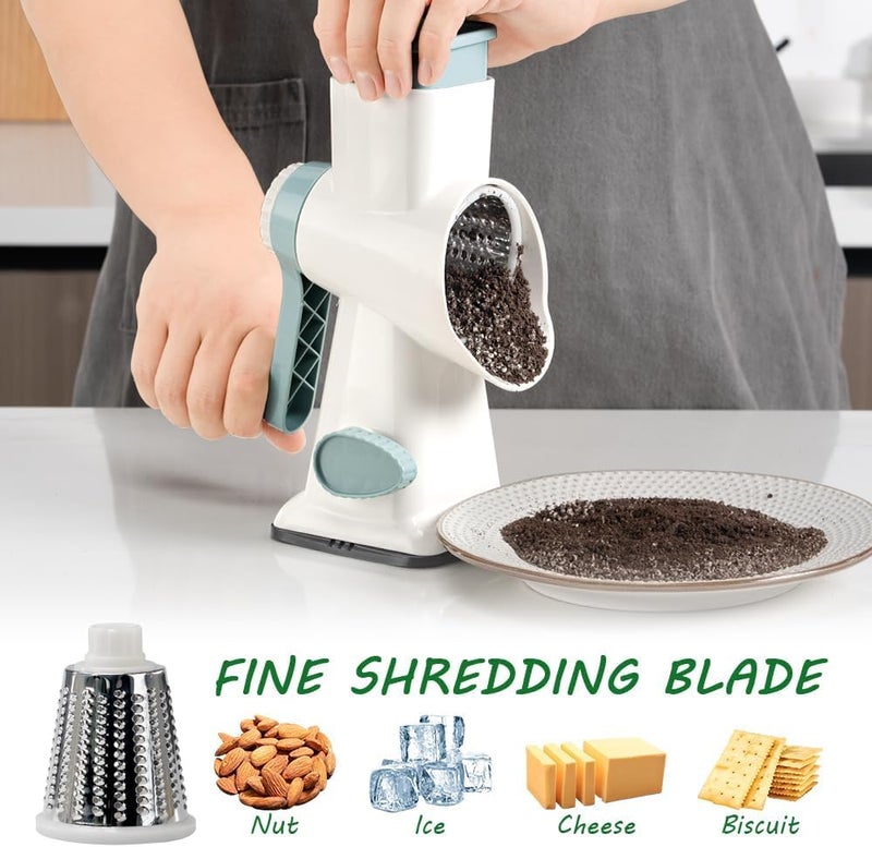 Maxceysen 3 in 1 Manual Vegetable Cutter Machine with Stainless Steel Changeable Blades Rotary Cheese Grater Kitchen Tool Potato Slicer Shredder Nuts Chocolate Chopper (White blue) - Image 4